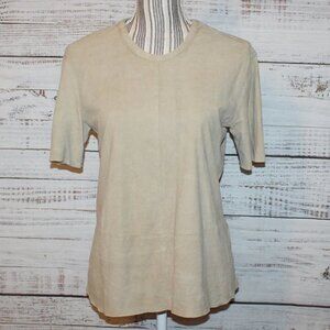 Equipment Femme Womens Solid Suede Short Sleeve Shirt Blouse Beige Size Small